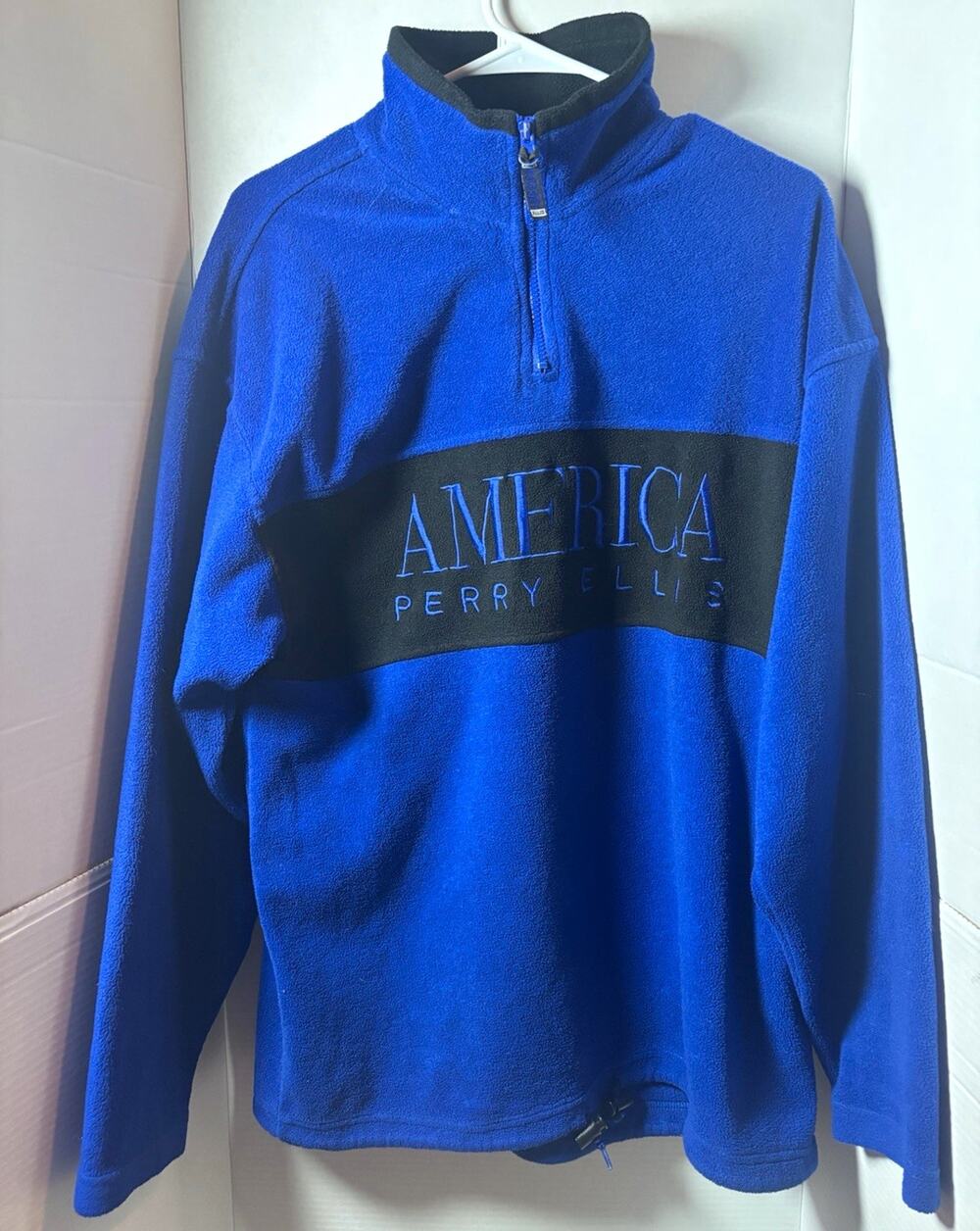 Perry Ellis America Men’s L Blue Black Colorblock Fleece 1/4 Zip Mock Neck
